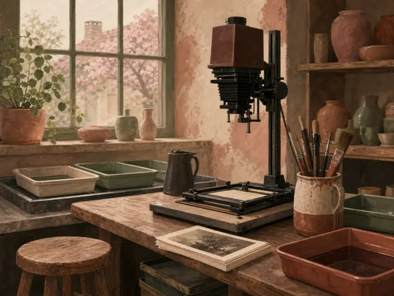 Vintage photographic enlarger and developing trays on a wooden workbench inside a rustic darkroom studio.
