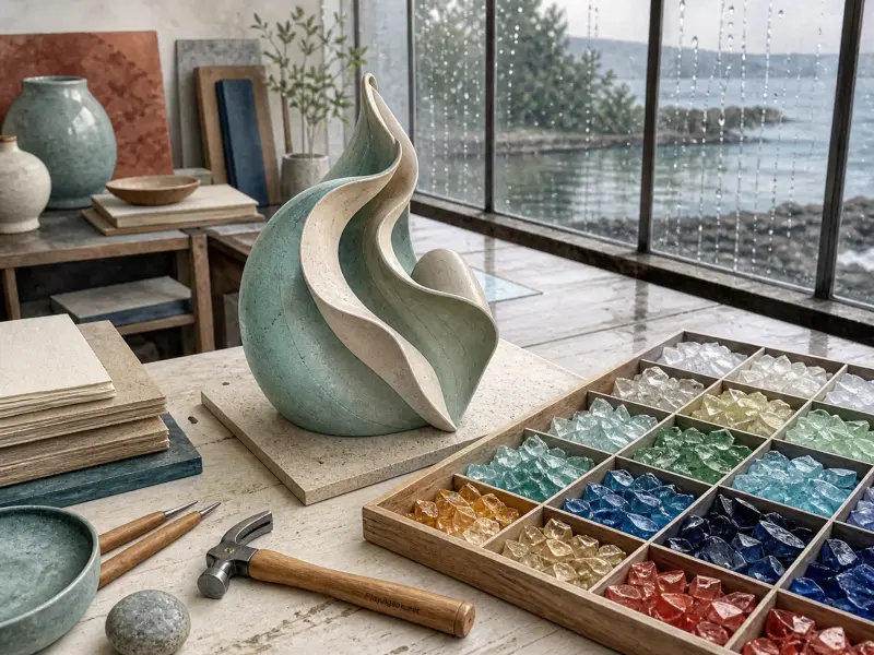 A swirling green ceramic sculpture, tools, and a wooden tray of colorful glass stones by a rainy studio window.