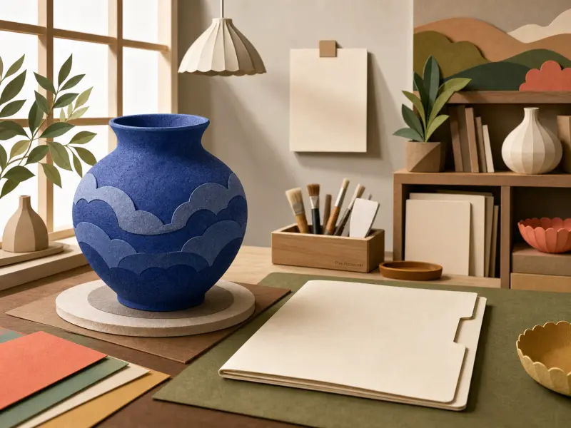 A textured blue vase decorated with wave cutouts rests on a wooden desk in a bright craft studio.