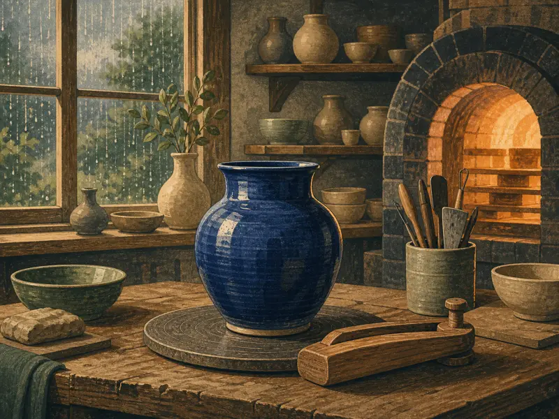 A glazed blue ceramic vase sits on a wheel in a rustic pottery studio with a glowing kiln and rainy window.