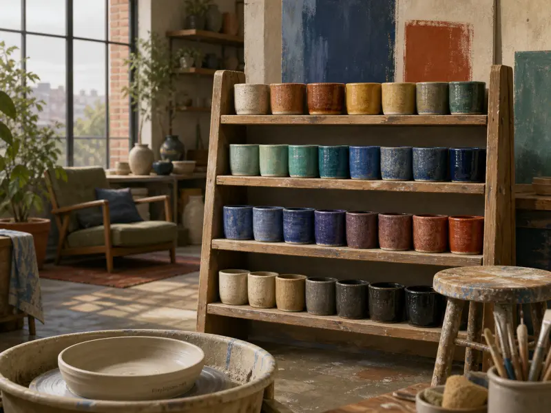 Rows of colorful glazed ceramic cups on a wooden rack in a sunlit pottery workshop beside a potter's wheel.