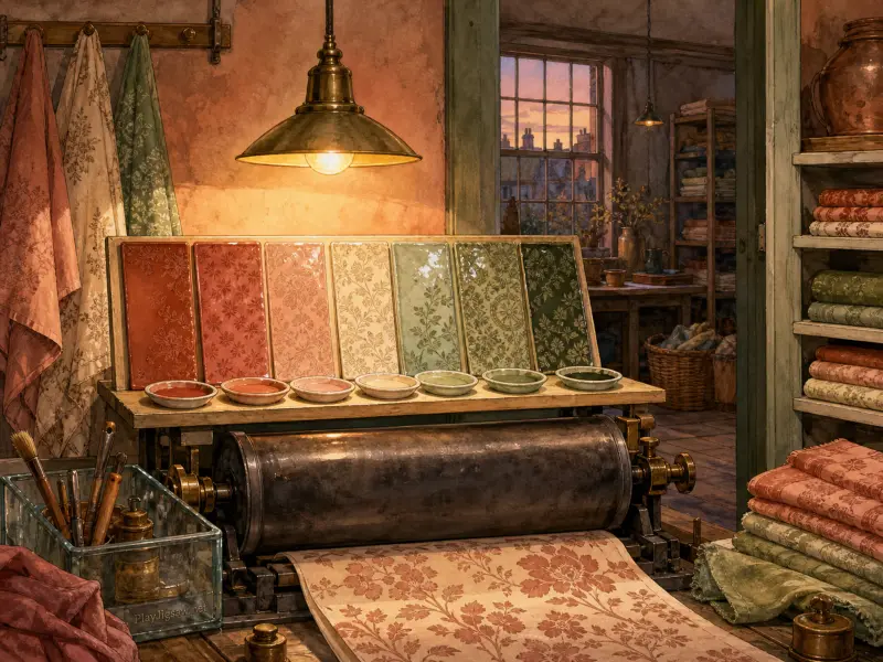 An artisan workshop with a metal fabric printing press, a glowing brass lamp, and a row of colorful glazed sample tiles.