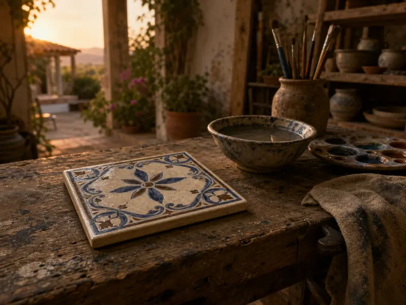 A square painted ceramic tile sits on a rustic wooden workbench with brushes and paints overlooking a sunny courtyard.