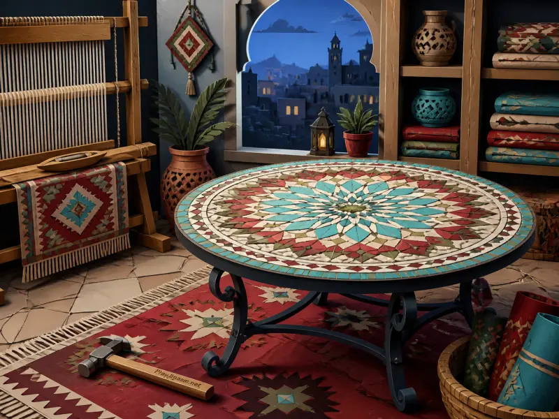 A geometric mosaic coffee table in an artisan workshop beside a wooden loom and an arched window overlooking a city.