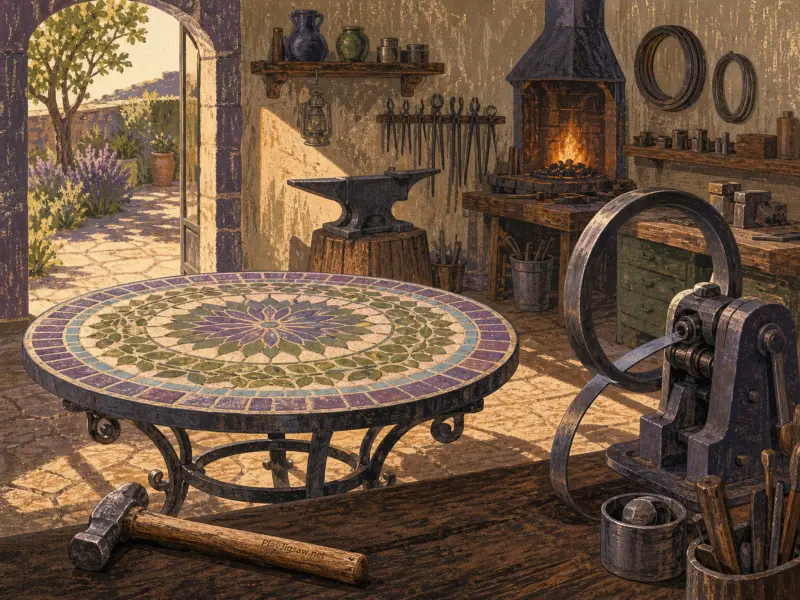 A mosaic tabletop on an iron base sits inside a sunlit blacksmith workshop beside an open archway to a garden.