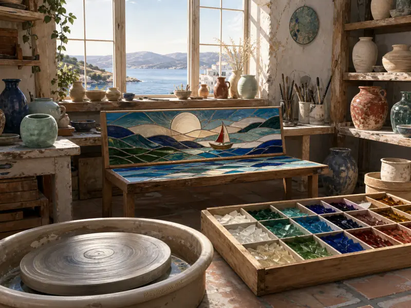 A seaside artisan studio featuring a bench inlaid with glass mosaic, a potter's wheel, and sorted glass fragments.