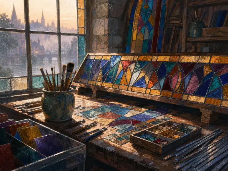 A stained glass workshop with colorful glass panels, tools, brushes, and a window overlooking a historic city skyline.
