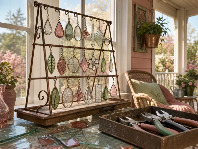 Handmade glass pendants in pink and green hang from a bronze stand beside crafting pliers on a sunlit table.