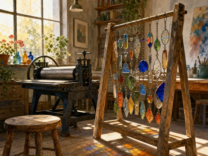 Colorful stained glass suncatchers hang on a wooden rack inside a sunlit artist workshop near a vintage printing press.