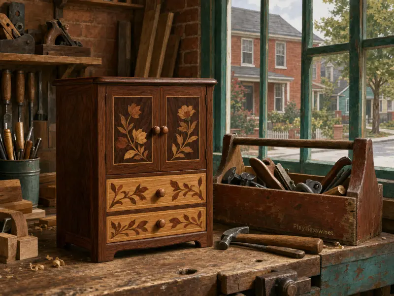 Handcrafted wooden cabinet with floral inlay displayed on a carpenter workbench beside tools and a sunny window.