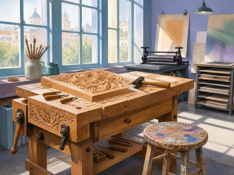 A sunny woodcarving studio featuring an ornate carved wooden panel, chisels, and a mallet on a workbench by large windows.
