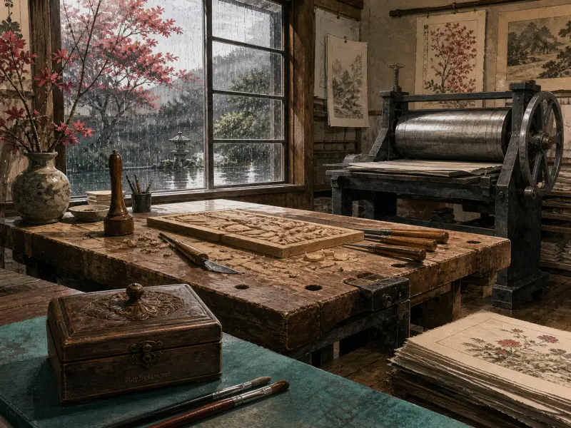 A woodblock printmaker workshop with carving tools on a bench, an iron printing press, and a rainy window view.