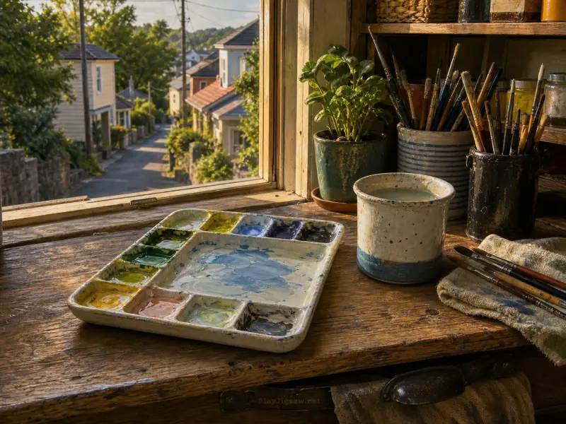 A ceramic watercolor palette and jars of paintbrushes on a wooden windowsill overlooking a sunlit hillside street.