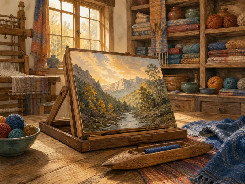 A mountain landscape painting on a tabletop easel inside a rustic weaving studio filled with textiles and yarn.