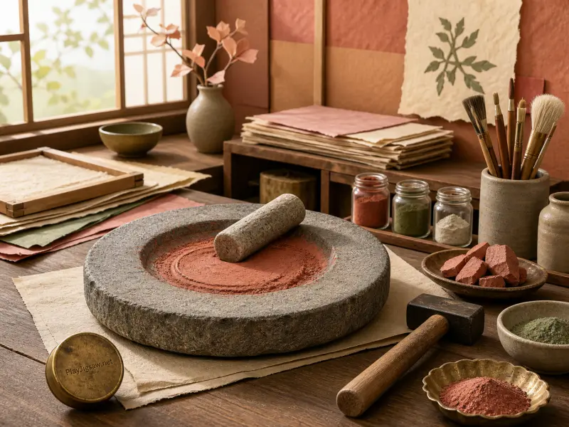 A stone grinding slab with red mineral pigment sits on a wooden workbench surrounded by brushes, jars, and handmade paper.