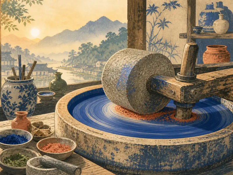 A stone mill grinding vibrant blue pigment on a workshop table overlooking misty mountains and a lake at sunrise.