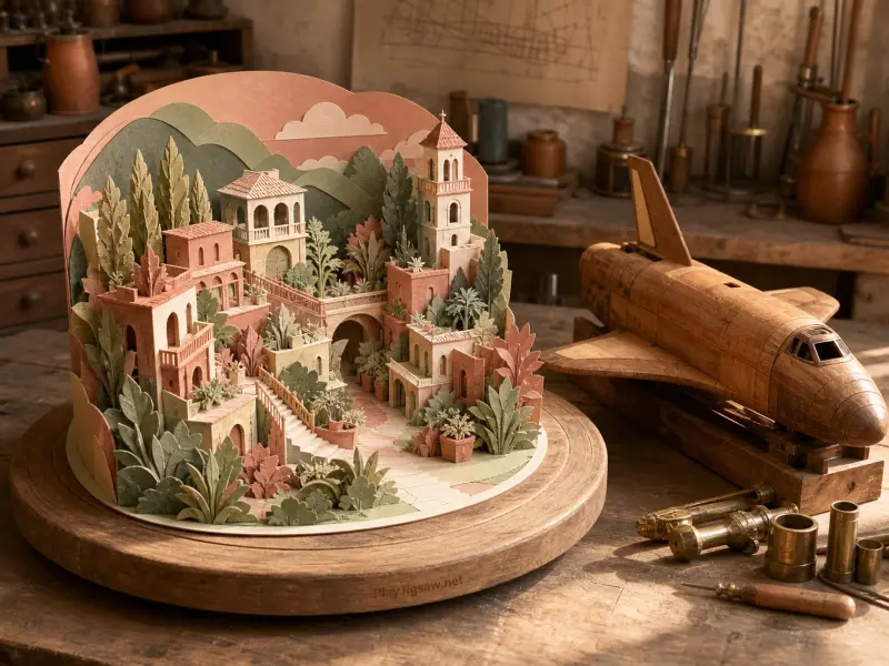 Paper cut diorama of a Mediterranean hill town beside a carved wooden shuttle on a carpenter's workbench.