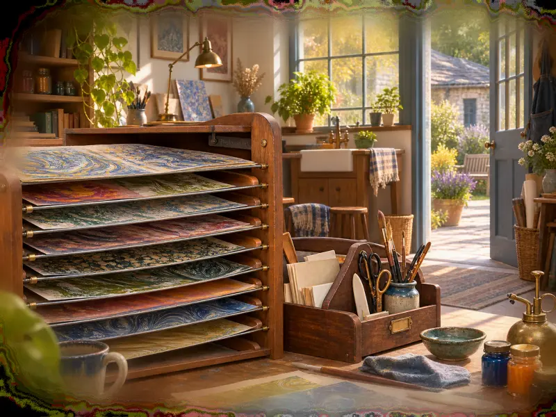Sheets of colorful marbled paper dry in a wooden rack inside a sunlit artist studio opening onto a garden.