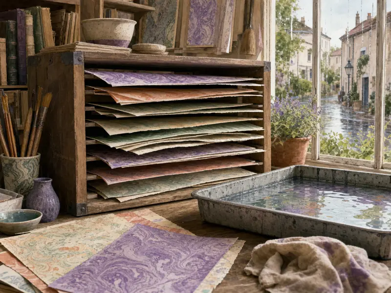 Wooden drying rack with colorful marbled paper sheets beside a water basin and a rain-streaked window.