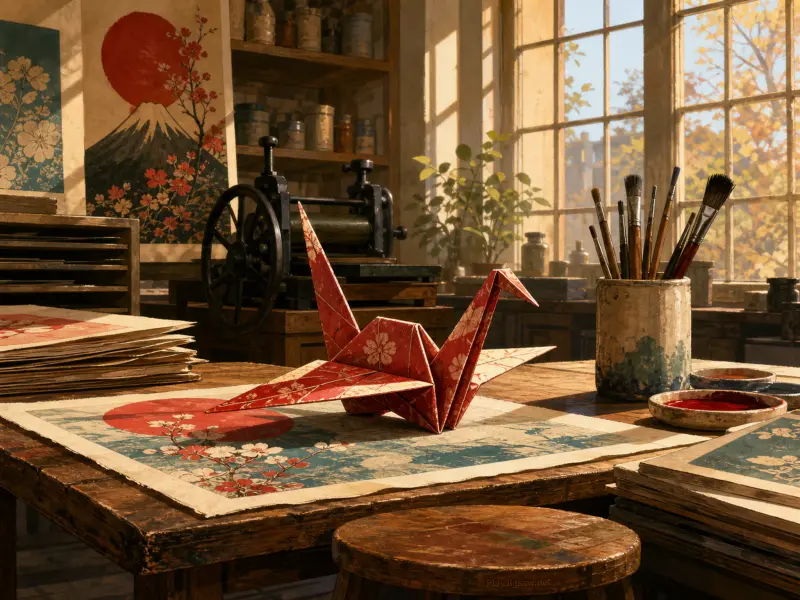 A patterned red origami crane resting on a wooden table in a sunlit printmaker workshop.