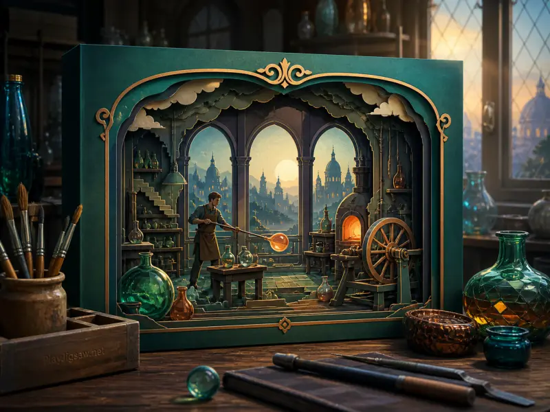 Layered paper diorama of a glassblower working before arched windows overlooking a domed city skyline.