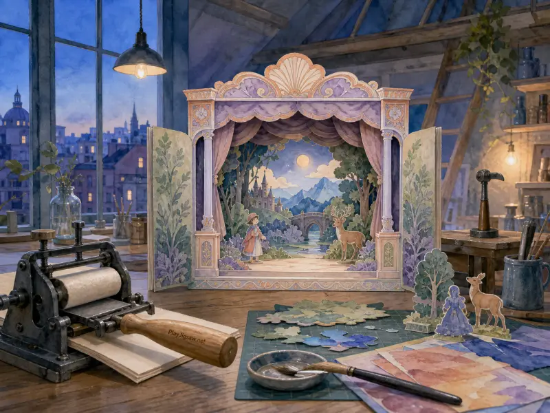 A pop-up miniature paper theater standing on an artist's workbench before a twilight city window.