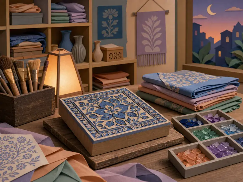 A carved floral printing block sits on an artisan workbench beside stacks of fabric, brushes, and a glowing lantern.