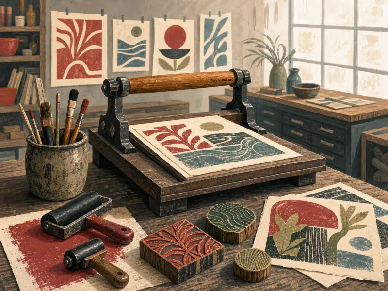 A printmaker's wooden workbench with a small hand press, carved printing blocks, brayers, and colorful linocut prints.