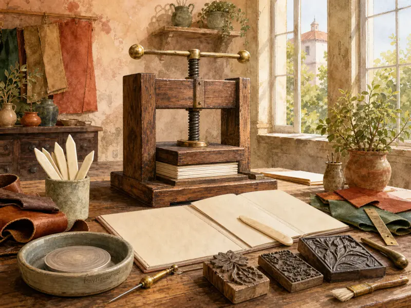 A traditional bookbinder's workbench with a wooden screw press, an open book, carved blocks, and tools by a sunny window.