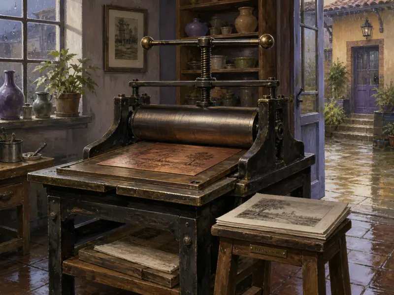 An antique etching press in a printmaking studio beside an open doorway facing a rainy courtyard.