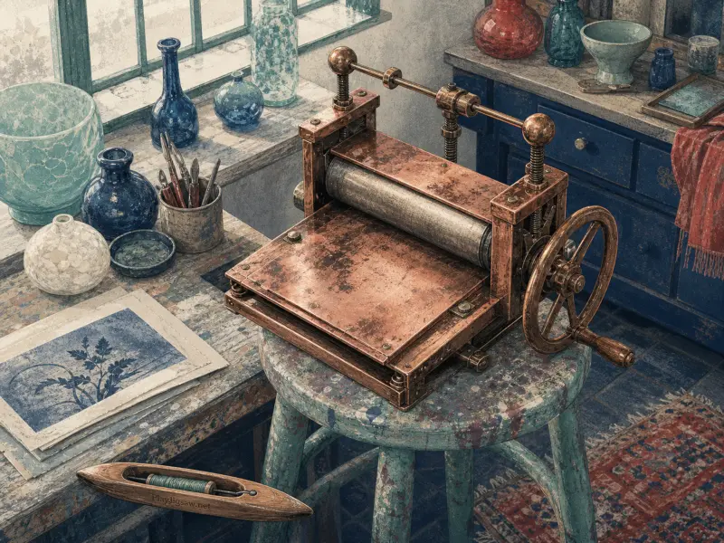 A copper printmaking roller press resting on a paint-splattered stool beside glass bottles on a windowsill.