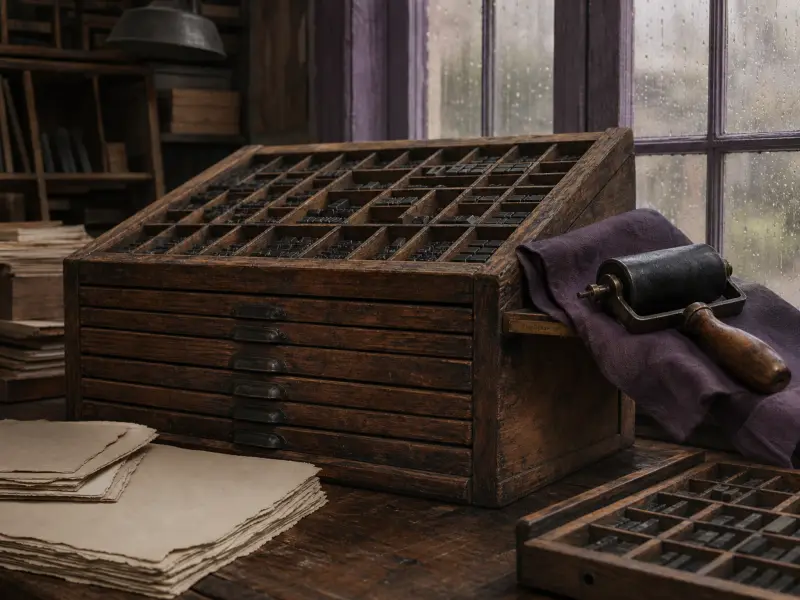 Wooden typesetter cabinet with movable type sorts, an inking roller on a cloth, and paper beside a rainy window.