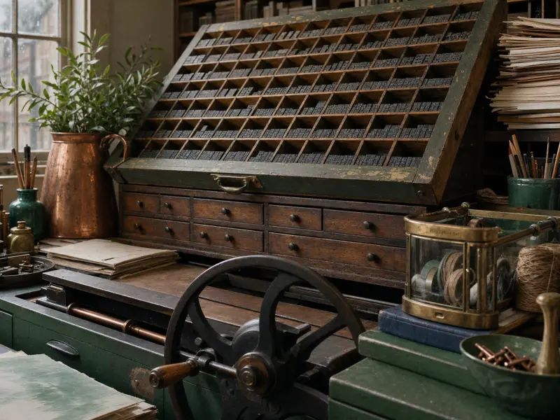 An antique letterpress composing cabinet filled with lead type blocks sits above a printing press with a large iron wheel.