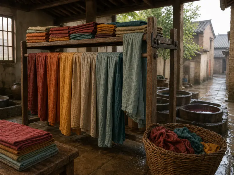 Colorful dyed linen fabrics hang on a wooden drying rack in a rustic open-air courtyard beside stone dye basins.