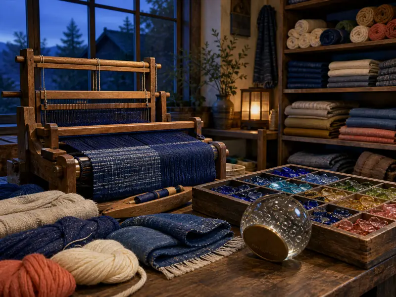 A wooden table loom with dark blue fabric surrounded by yarn skeins, a shuttle, and a tray of colored glass stones.