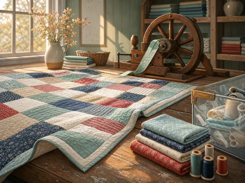 A patterned patchwork quilt, folded fabrics, spools of thread, and a wooden wheel on a sunlit craft table.