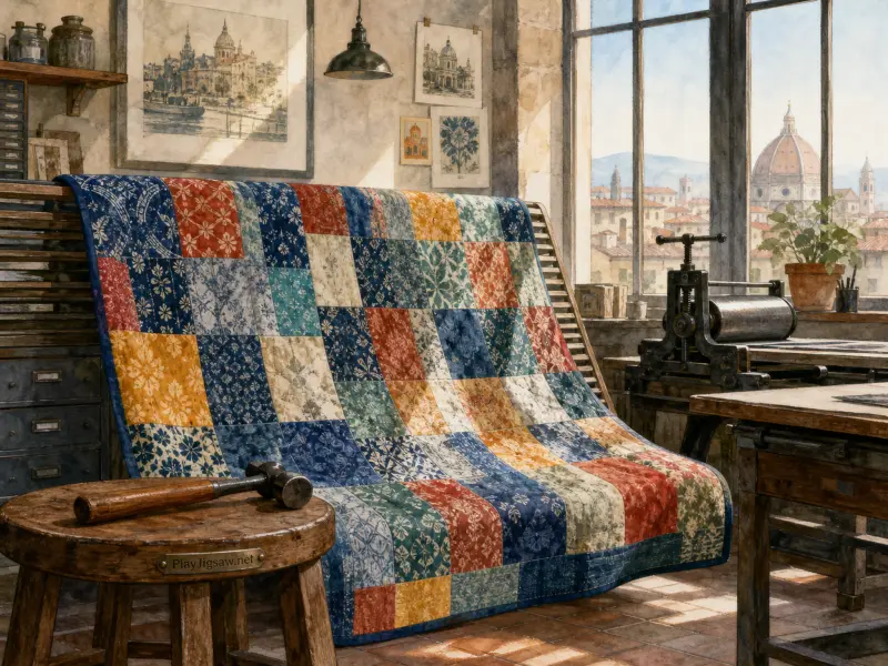 A colorful patchwork quilt draped in an artist workshop overlooking a historic city cathedral through the window.