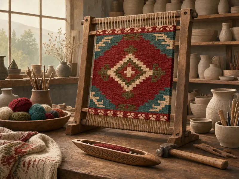 A tabletop wooden loom displaying a red and teal geometric woven tapestry in a sunlit pottery workshop.