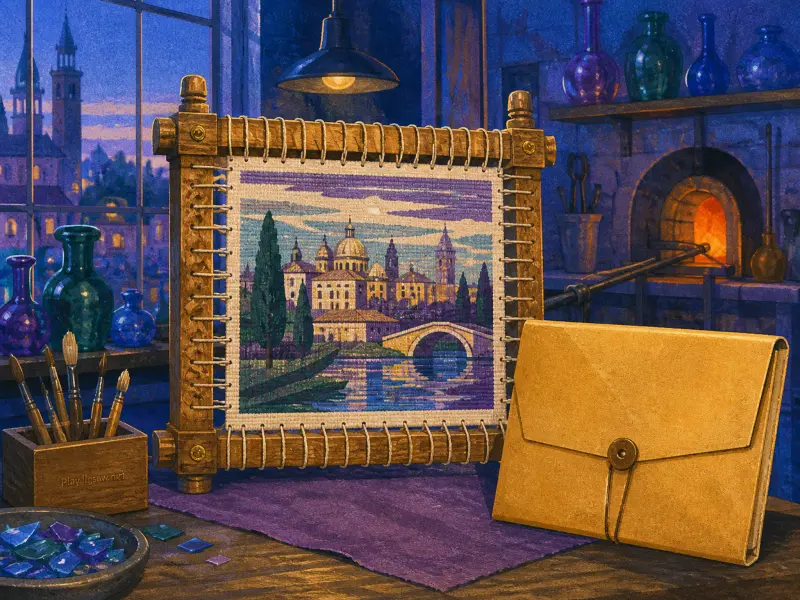 A small woven landscape stretched on a wooden frame sits beside a leather folder in a cozy artisan workshop.