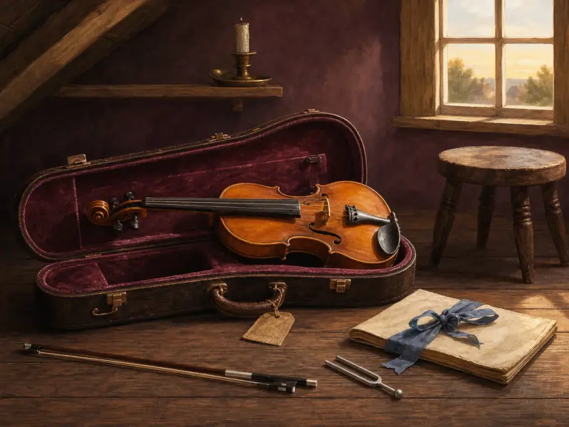 A violin in an open velvet-lined case rests on an attic floor beside sheet music and a sunlit window.