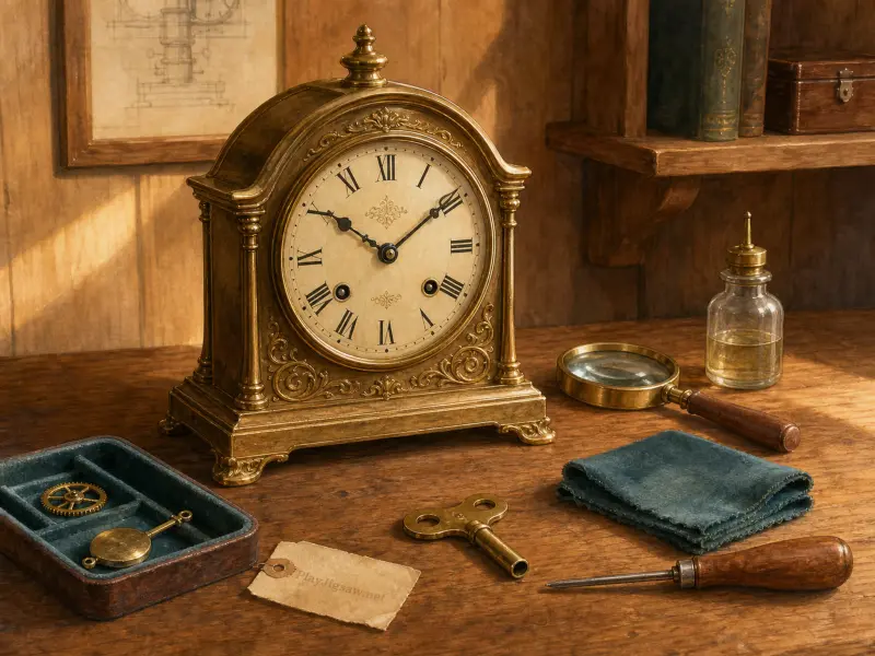 An ornate antique brass mantel clock resting on a wooden workbench with clockmaker tools and a magnifying glass.