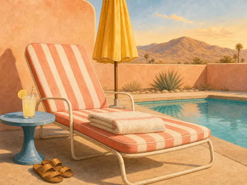 A pink-and-white striped sun lounger rests beside a turquoise pool against a sunny desert mountain backdrop.