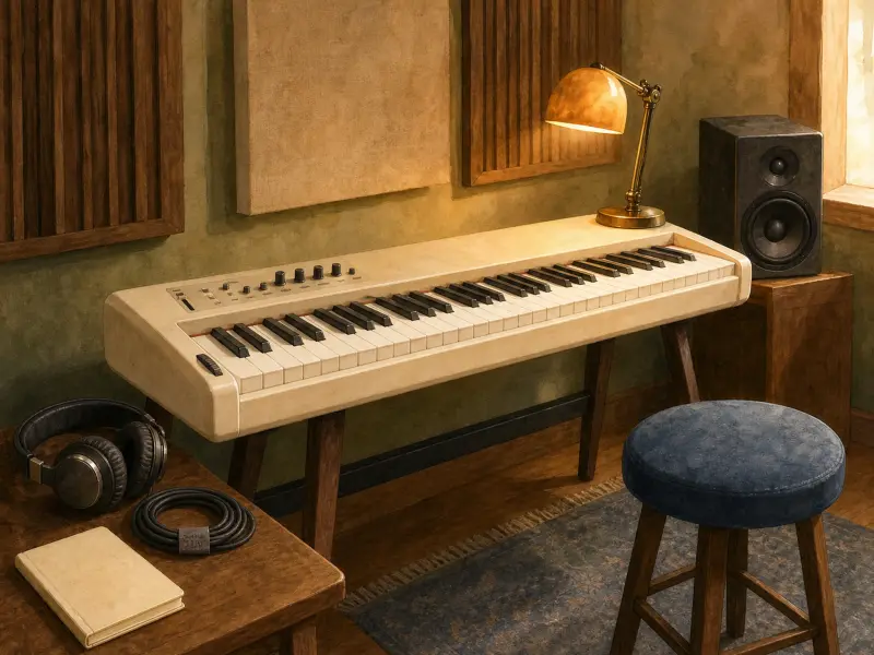 A cream-colored electric piano under a glowing brass lamp with a blue stool and headphones in a warm studio.