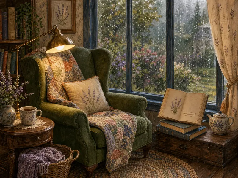 A cozy green armchair with a patchwork quilt sits beside a rain-streaked window looking out on a blooming garden.