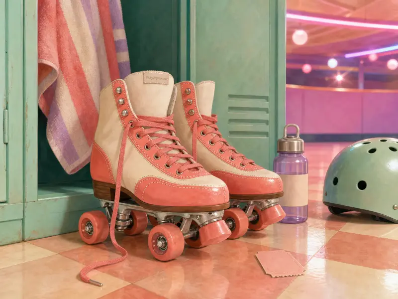 Coral and cream roller skates stand by a mint-green open locker next to a helmet and water bottle.