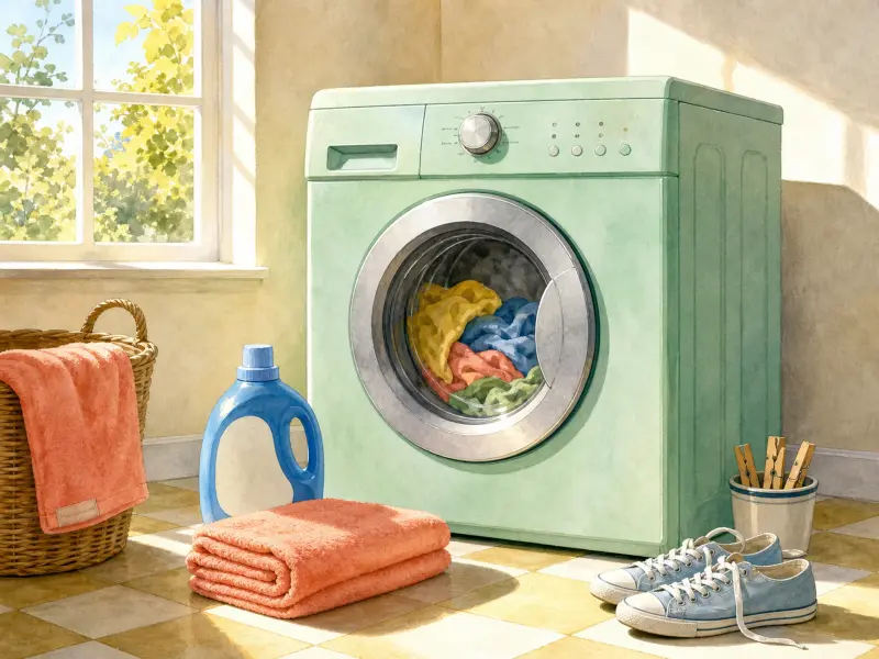 A mint-green washing machine filled with clothes beside folded coral towels and blue sneakers on a tiled floor.