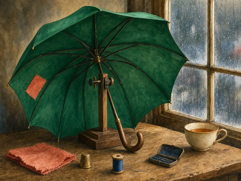 An open green umbrella in a wooden clamp on a workbench beside sewing tools, a teacup, and a rainy window.