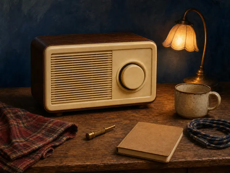 A retro tabletop radio next to a glowing desk lamp, mug, notebook, and folded plaid cloth on a rustic wood surface.