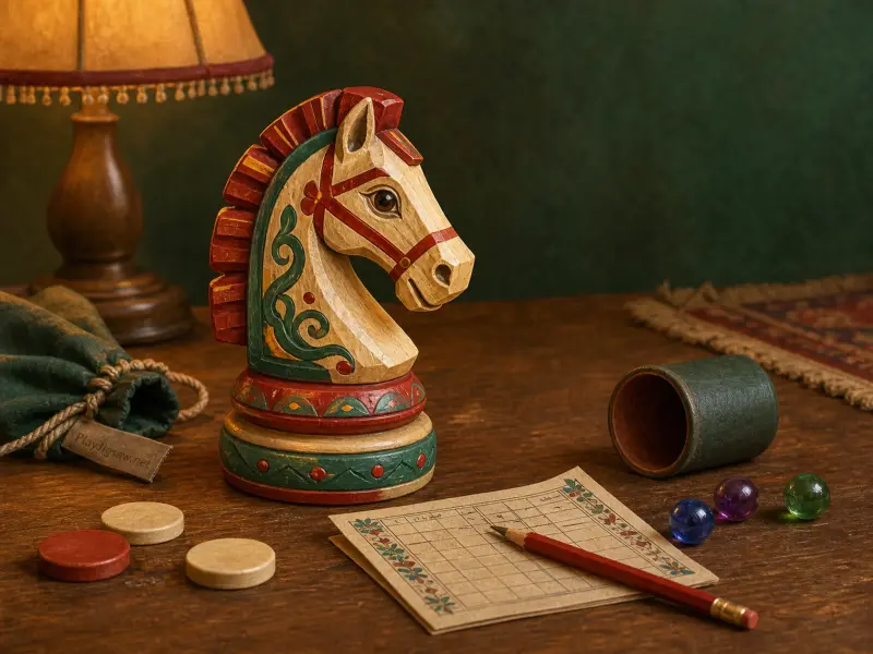 A carved wooden chess knight rests on a tabletop beside a score sheet, pencil, game counters, and marbles.