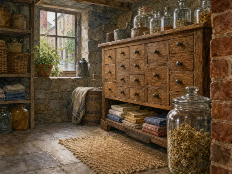 A wooden apothecary chest lined with jars of dried herbs in a stone cellar next to a rainy window.